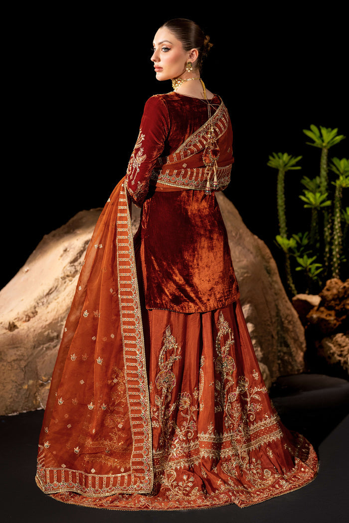 Full front view of NAQSHI Amber rust orange velvet outfit showing heavy sharara flare and embroidered dupatta