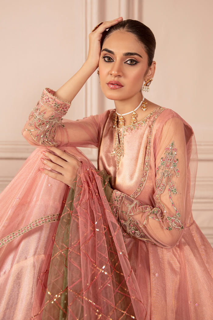 Close up portrait of NAQSHI Amella blush pink dress showing boat neckline with keyhole and hand embellishment