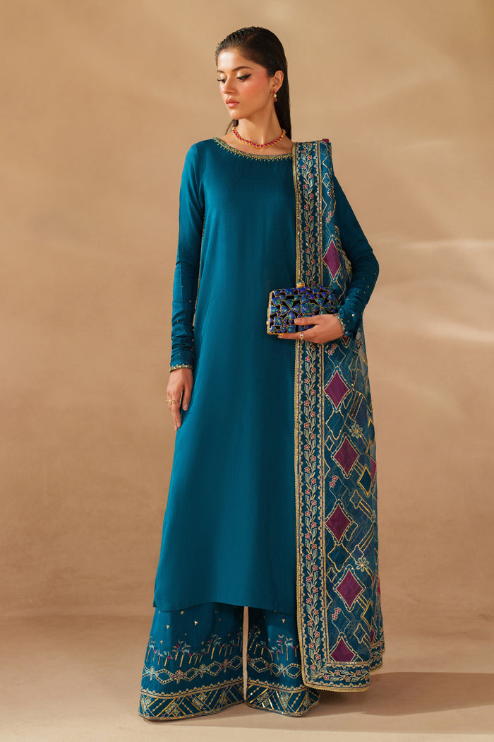 NAQSHI Anaiza zinc luxury pret 3-piece  with boat neckline, intricate adda work on Indian raw silk shirt, embroidered culottes and organza dupatta for festive and formal events.