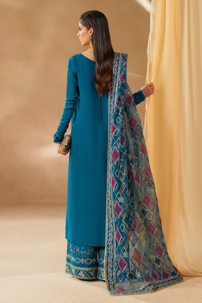 Side and back view of NAQSHI Anaiza zinc dress showing buttoned back neckline, flowing extended sleeves and printed organza dupatta for special celebrations