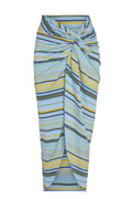 Front view of Andros Sarong in Sardinia stripe azure showcasing knotted waist and high front slit on white background
