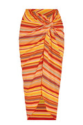 Front view of Andros Sarong in Sardinia Stripe showcasing knotted waist and high front slit on white background