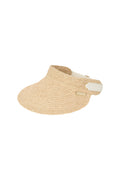 Close-up of Anguilla Visor in natural raffia showcasing 4.5 inch rounded brim, padded forehead, adjustable elastic back band and gold Monday logo on white background