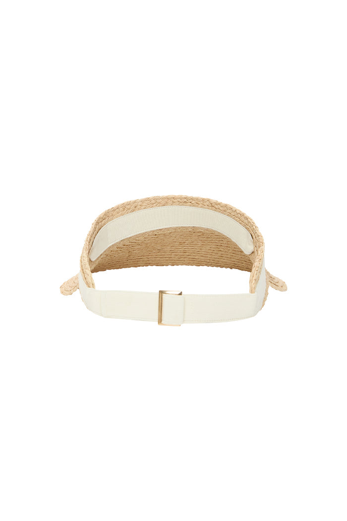 Rear view of Anguilla Visor Natural showing adjustable elastic back band, soft padded forehead and straw weave on white background