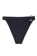 Front view of Antigua bottom in black showcasing high-cut high-waist silhouette and chunky gold side ring on white background