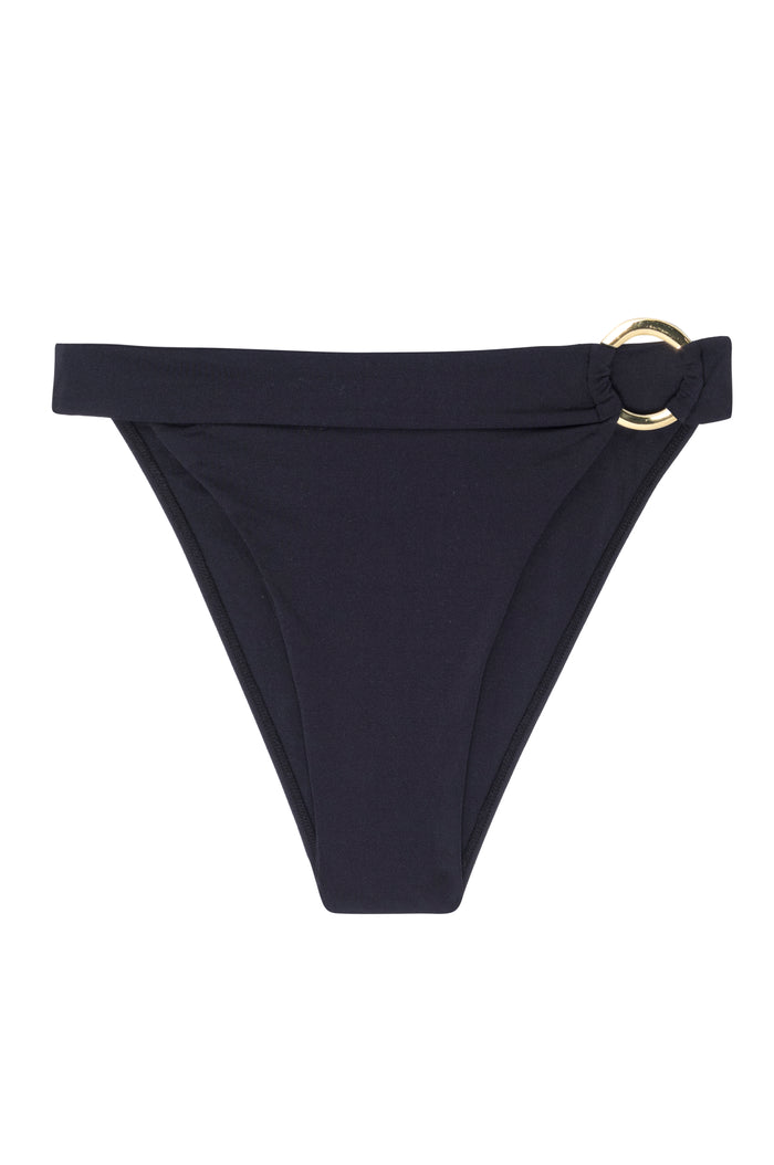 Front view of Antigua bottom in black showcasing high-cut high-waist silhouette and chunky gold side ring on white background