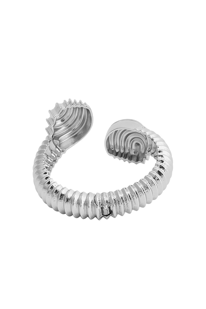 Silver ribbed open cuff bracelet with scalloped ends and polished finish