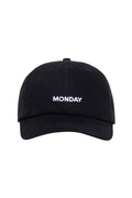 Black baseball cap with white embroidered text "MONDAY" centered on the front.