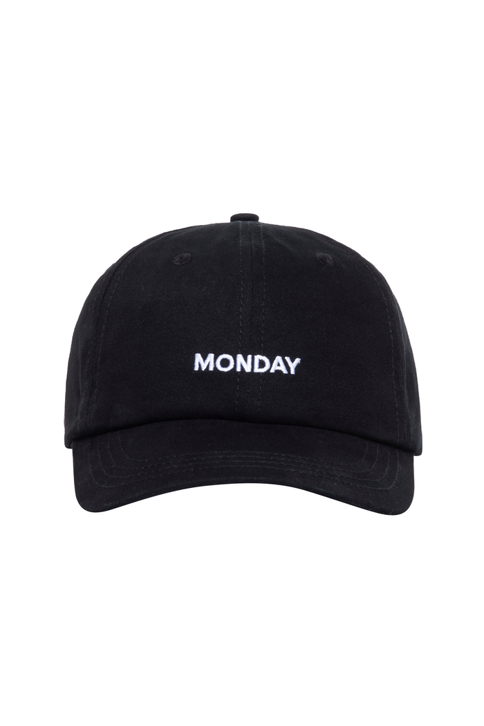 Black baseball cap with white embroidered text "MONDAY" centered on the front.