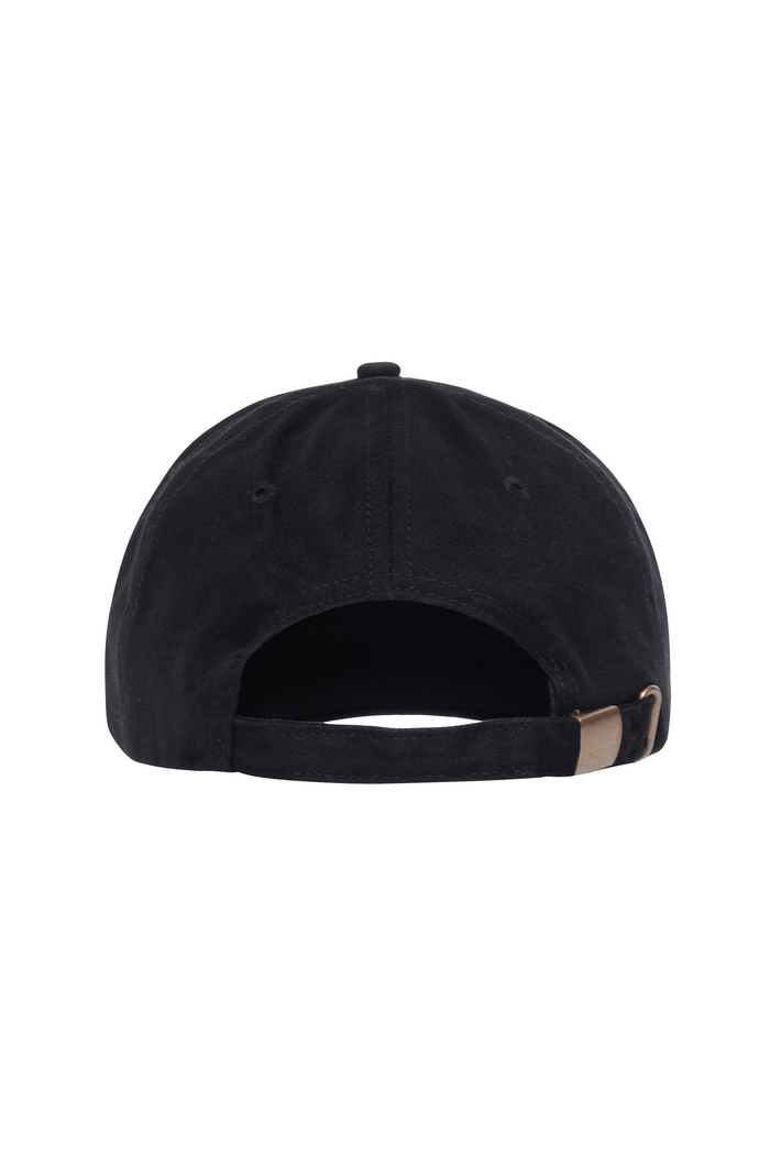 Rear view of black baseball cap with adjustable strap and brass buckle