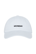 White baseball cap with centered embroidered text MONDAY on the front