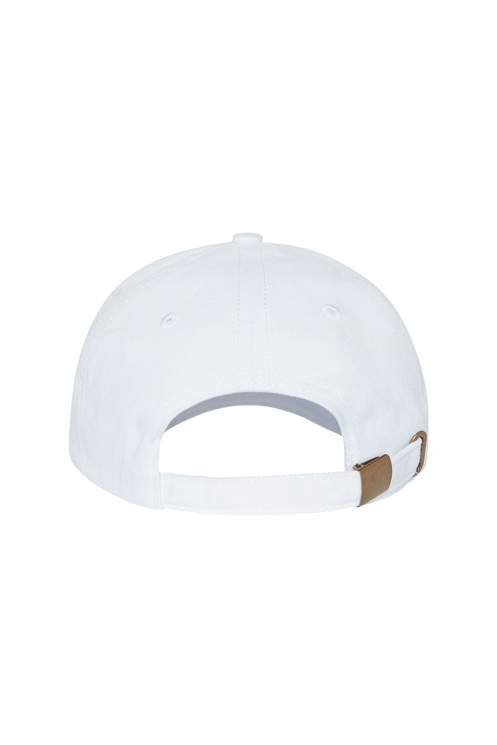 Rear view of Antigua Monday Cap in white showcasing adjustable strap and brass buckle on white background