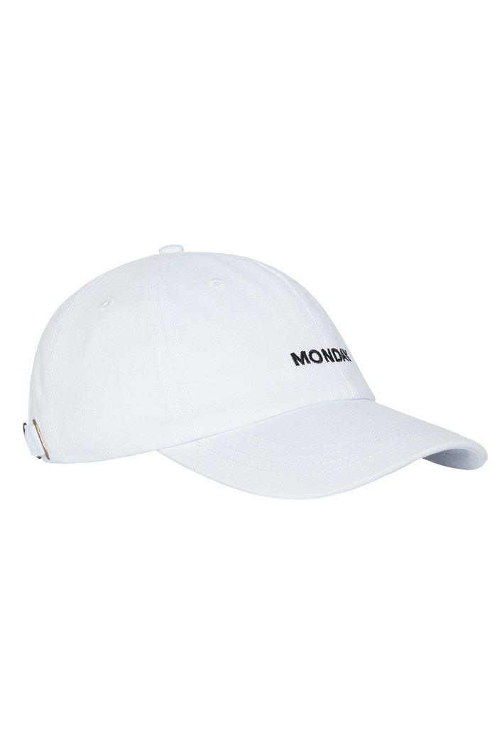 White baseball cap with black embroidered "MONDAY" on front and adjustable strap with metal buckle