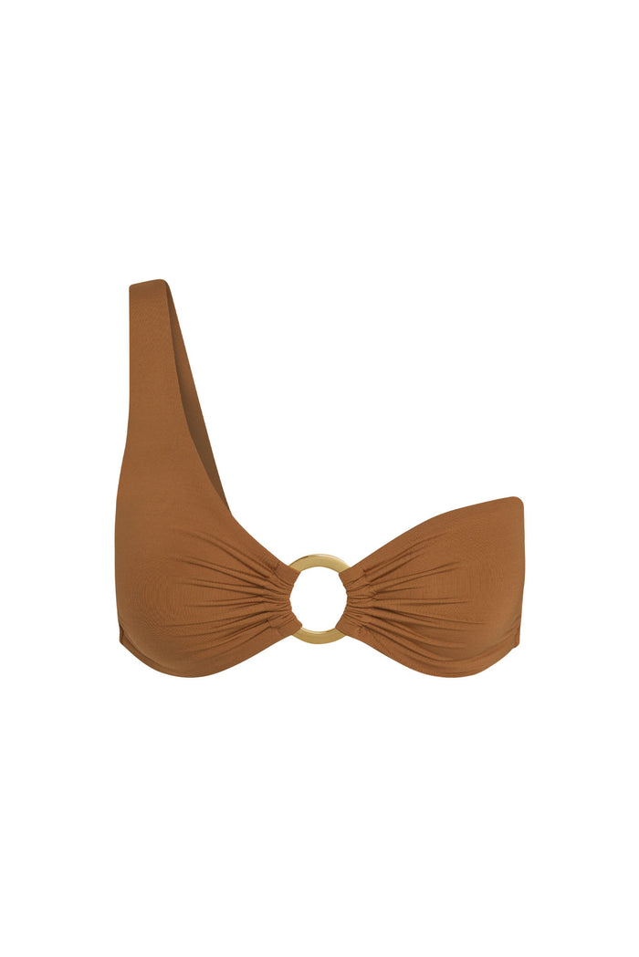 Front of Antigua Top bikini in caramel showing one-shoulder strap, ruched cups and gold O-ring center on white background