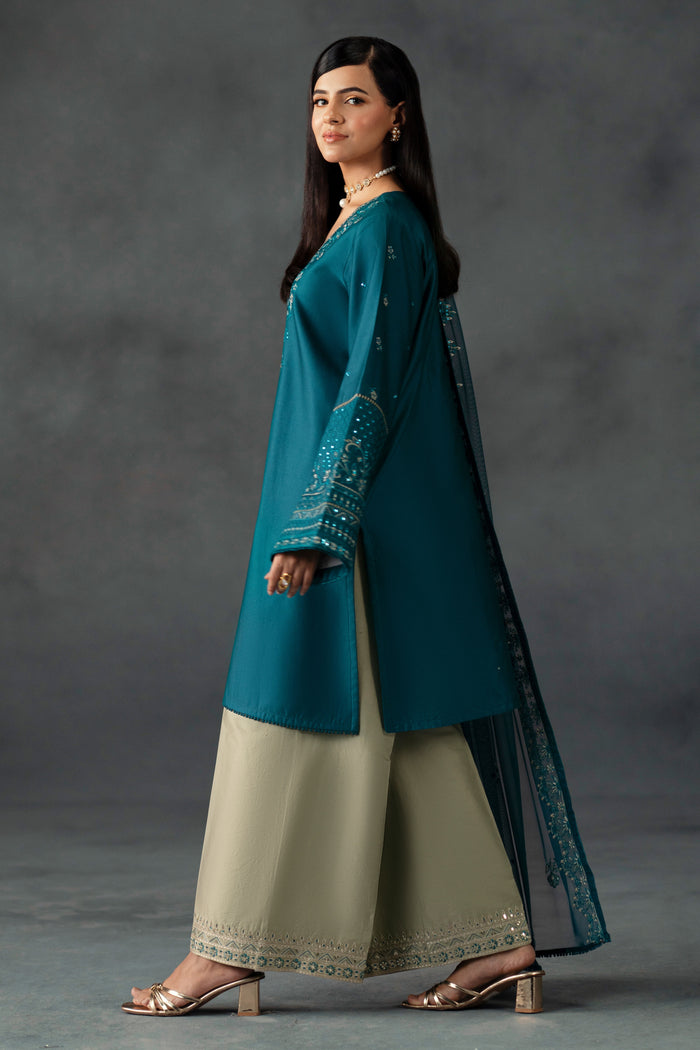 Areeb by NAQSHI angled view showing embroidered border detail and sequin embellishments