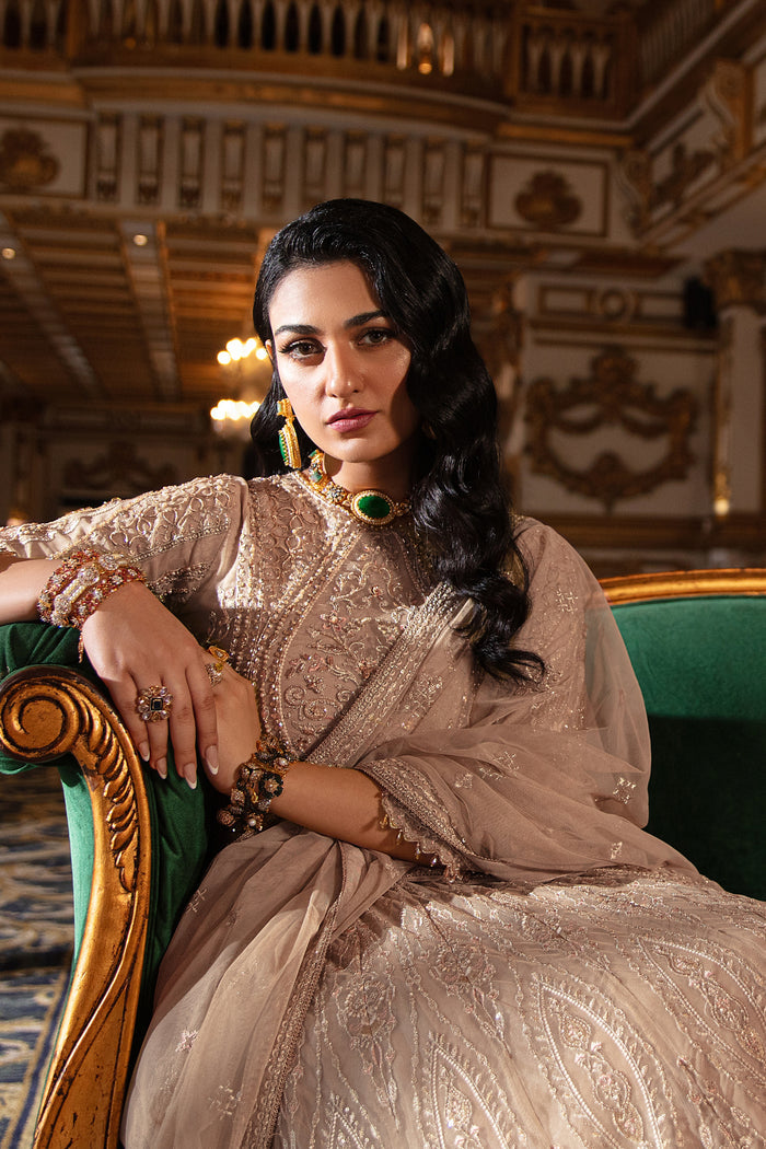 Naqshi Areeza net dupatta draped elegantly showing spray embroidery motifs, sequin accents and scalloped heavy border.