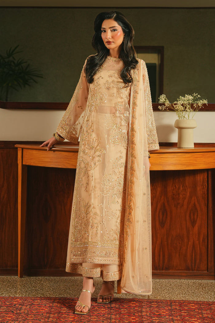 Peach fuzz embroidered organza long shirt by NAQSHI with inner bustier, floral adda work, straight fit, culottes, and net dupatta for formal events.