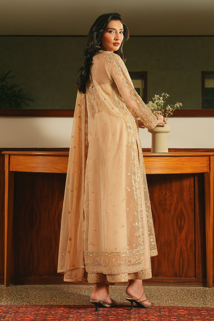 Back and side view of NAQSHI Arish peach fuzz outfit showing deep back neckline, keyhole details, flowing culottes, and soft net dupatta.