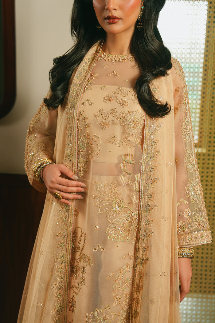 Close front view of NAQSHI Arish organza shirt highlighting floral embroidery, sequins, adda work, fitted sleeves, and clean neckline finish.