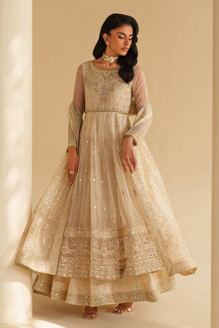 Front view of NAQSHI Aroha off-white embroidered organza frock paired with straight raw-silk trousers and matching organza dupatta — semi-formal special event outfit