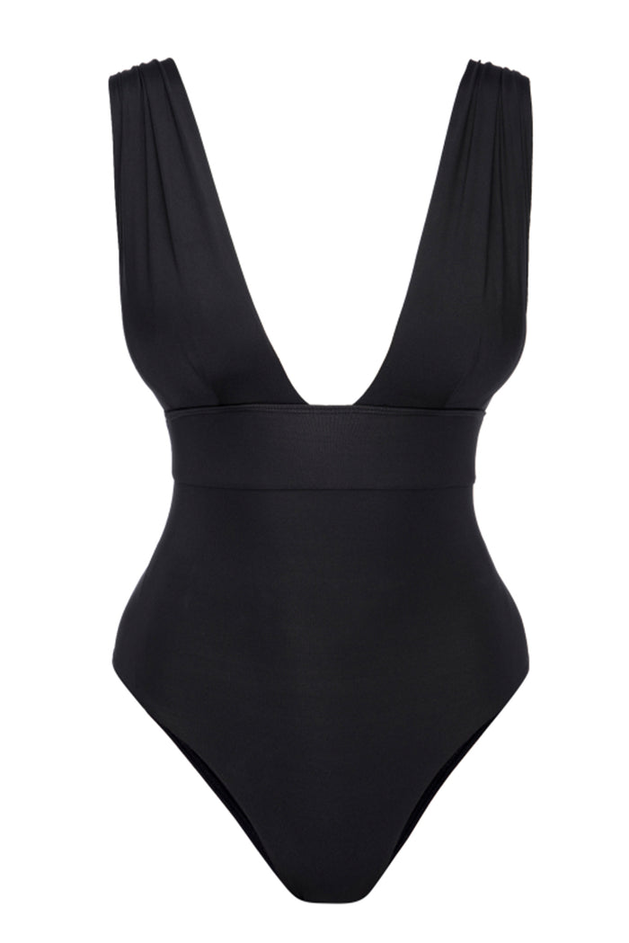 Front view of Aruba one-piece swimsuit in black showcasing deep V-neck, wide shoulder straps, and supportive waist panel
