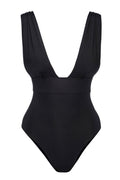 Front view of Aruba one-piece swimsuit in black showcasing deep V-neck, wide shoulder straps, and supportive waist panel