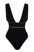 Front view of Aruba One Piece swimsuit showcasing deep V neckline, wide shoulder straps, and ivory piping on white background