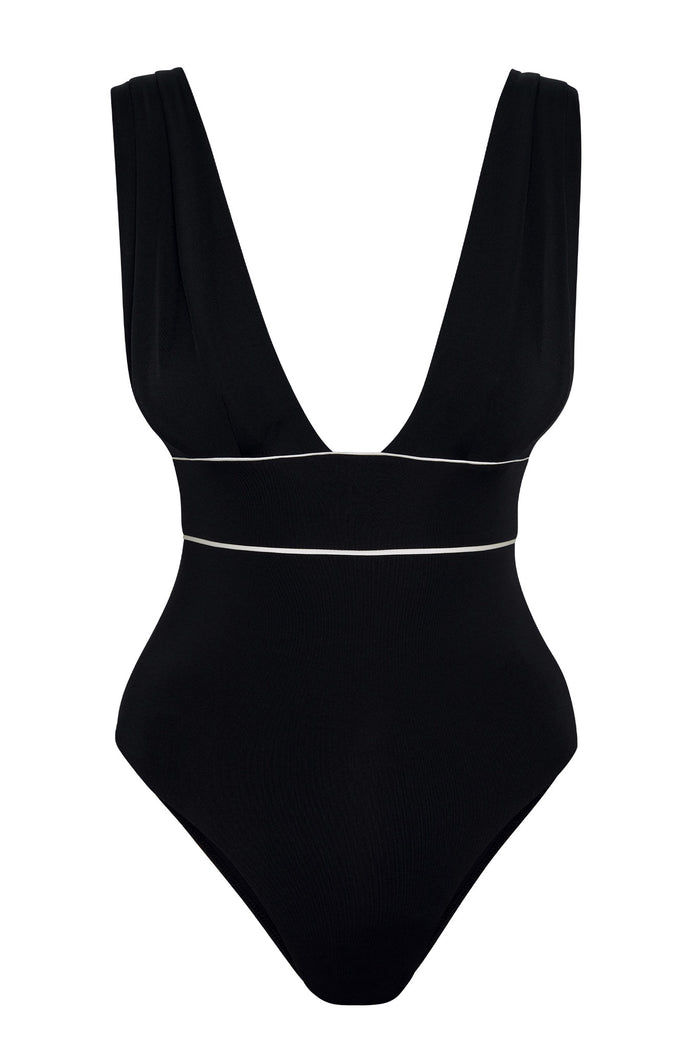 Front view of Aruba One Piece swimsuit showcasing deep V neckline, wide shoulder straps, and ivory piping on white background
