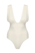 Front view of Aruba One Piece swimsuit showing deep V neckline, ruched wide straps and high-cut leg on white background