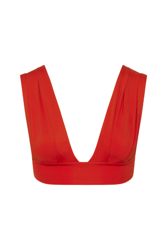 Front view of Aruba Top in Chili Pepper with deep V neckline, pleated cups, wide straps and underbust band on white