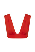 Front view of Aruba Top in Chili Pepper with deep V neckline, pleated cups, wide straps and underbust band on white