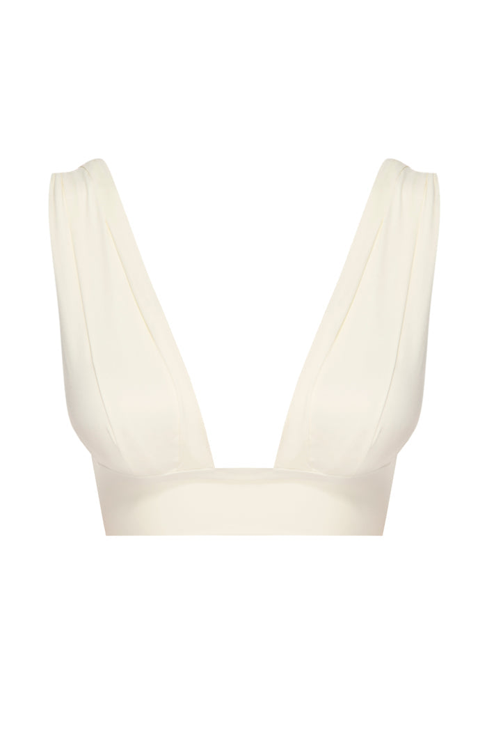 Front view of Aruba Top in ivory showing deep V plunge, pleated cups, and wide underbust band on white background