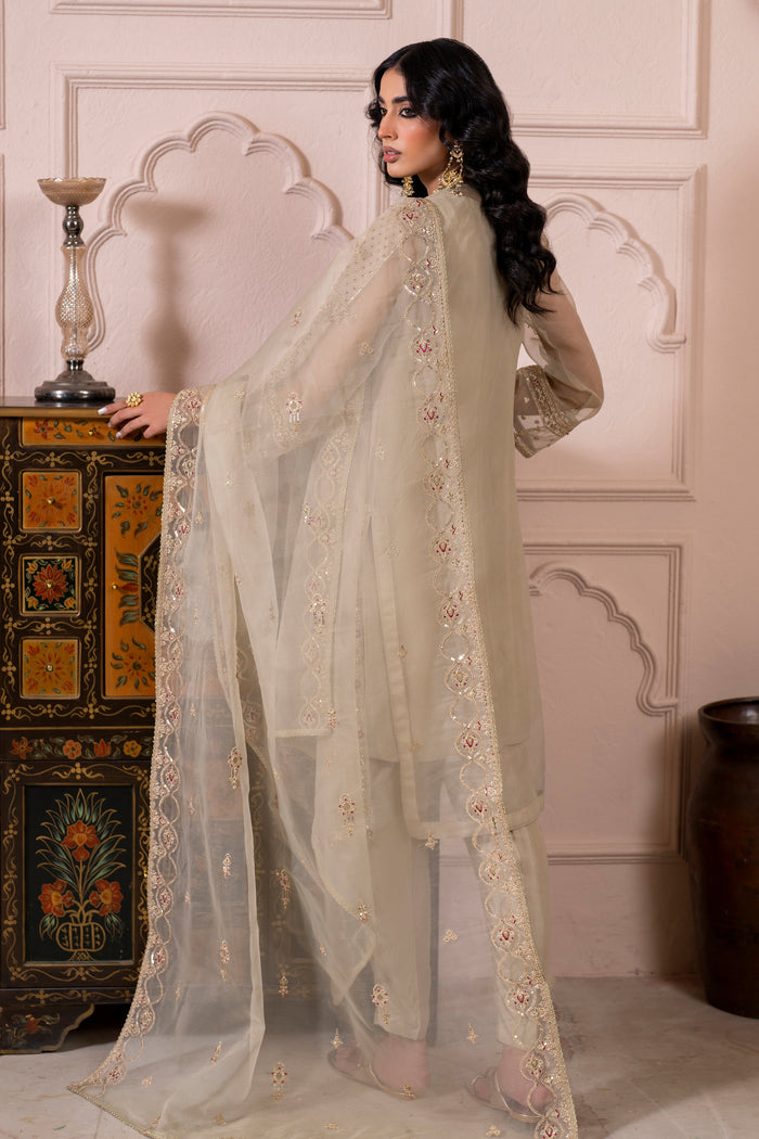 Close‑up of Naqshi Arwa sleeve cuff featuring hand‑adda embellishments, sitari accents and neat side‑slit design on organza.
