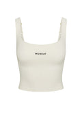 Front view of Aspen Tank in ivory showcasing square neckline, shelf bra, cropped length and MONDAY logo on white background
