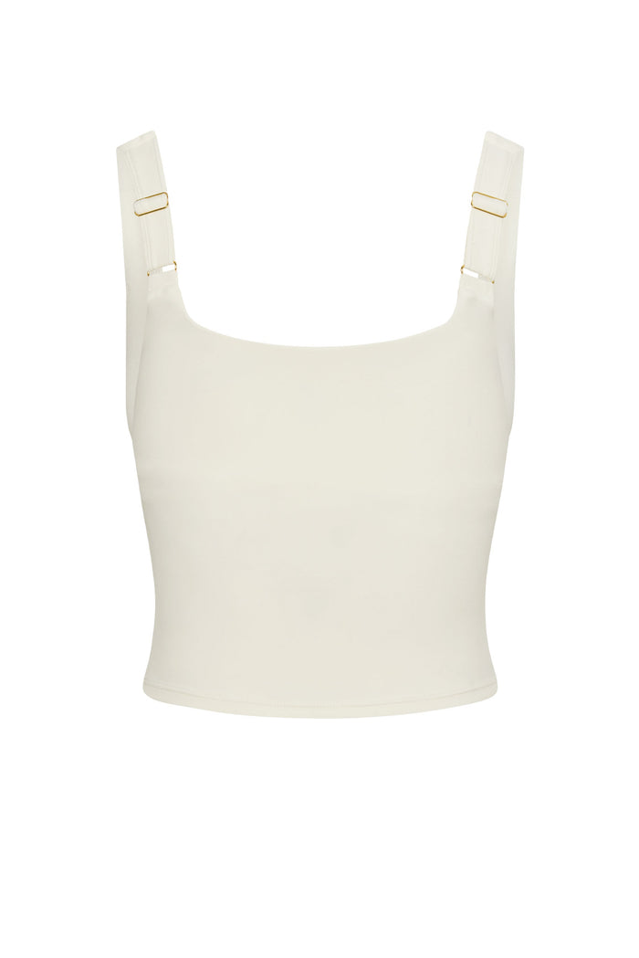 Front of Aspen Tank in ivory with square neckline, cropped fit and wide adjustable straps with gold-tone hardware