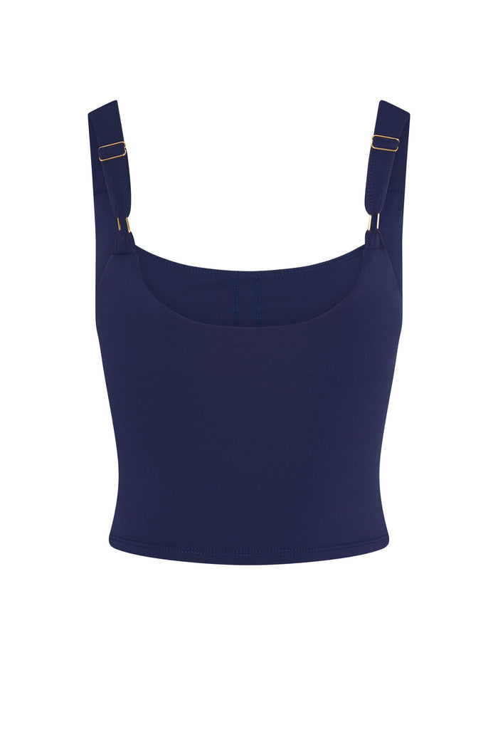 Front view of Aspen tank in midnight navy showing square neckline and adjustable straps with gold hardware on white background