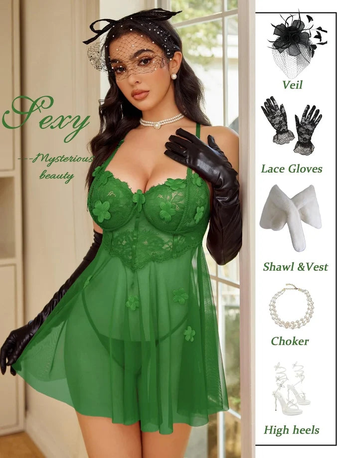 Avidlove Women's Green Lace Mesh Babydoll Chemise Lingerie Size S