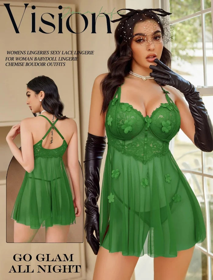 Avidlove Women's Green Lace Mesh Babydoll Chemise Lingerie Size S