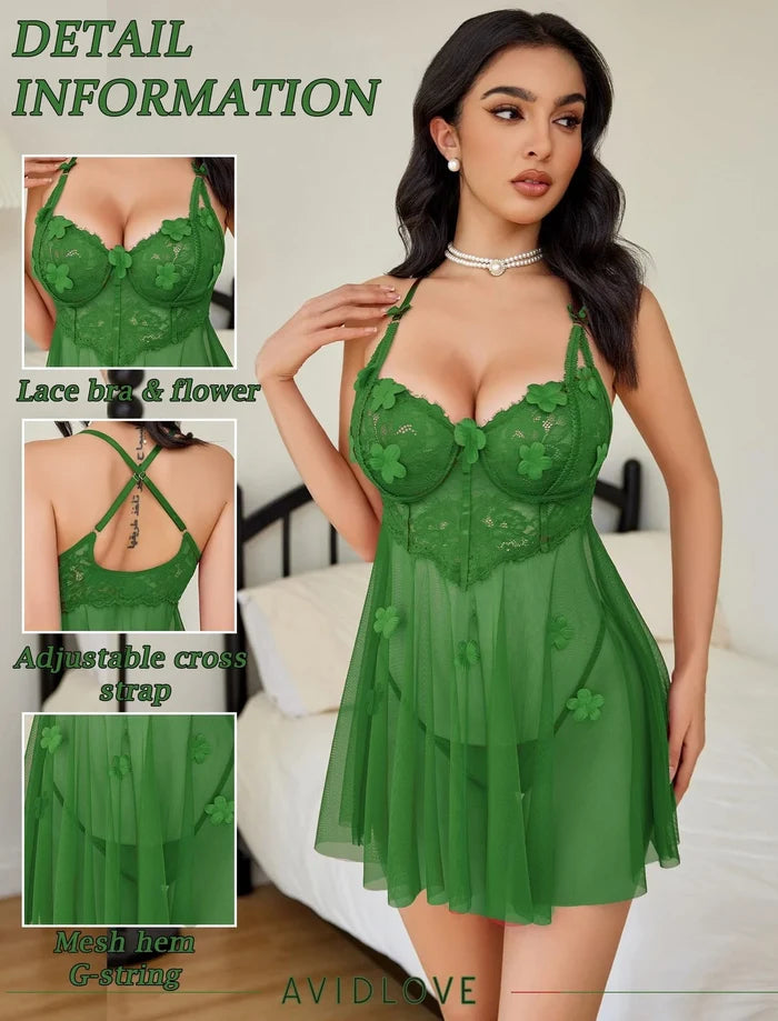 Avidlove Women's Green Lace Mesh Babydoll Chemise Lingerie Size S