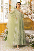 Front styling look of Ayla pistachio dress featuring flowing organza layers and neat straight trousers, formal ready made eastern wear.