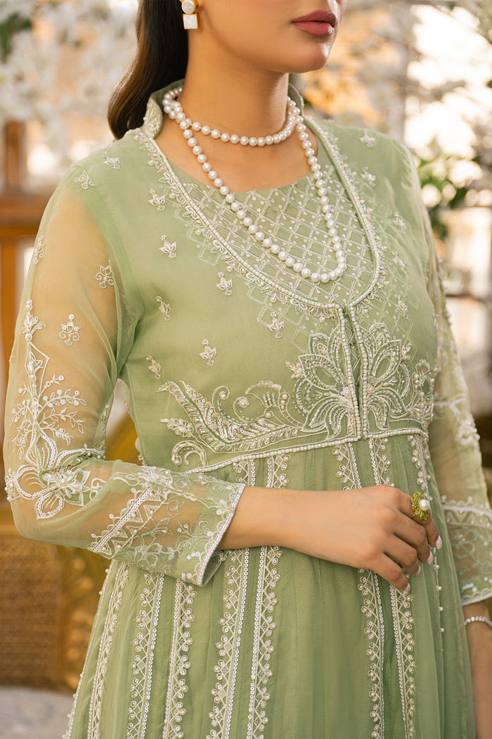 Close up detail of Ayla frock embroidery and sleeve work in pistachio tone, ready to wear formal eastern dress.