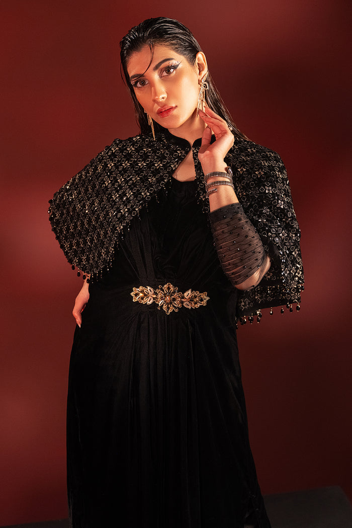 Front portrait of Ayna outfit focusing on neckline detailing and antique waist brooch, formal ready made evening dress.