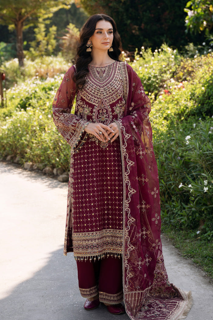 Maroon organza embroidered long shirt by NAQSHI with keyhole neckline, geometric embroidery, beadwork, culotte trousers, and matching dupatta for weddings.