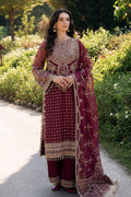 Maroon organza embroidered long shirt by NAQSHI with keyhole neckline, geometric embroidery, beadwork, culotte trousers, and matching dupatta for weddings.