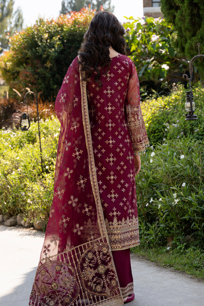 Back view of NAQSHI Azra maroon formal outfit showing heavy embroidered border, detailed geometric spread, and elegant organza dupatta.