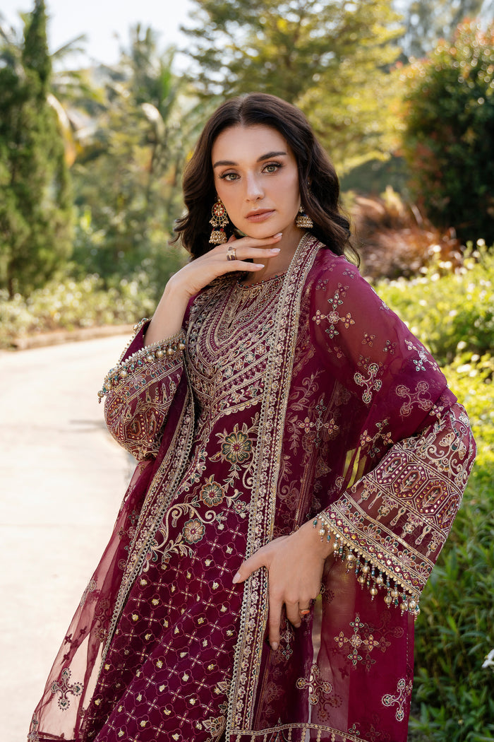 Close front view of NAQSHI Azra maroon shirt showing keyhole neckline, delicate beadwork, geometric embroidery, and refined formal finish.