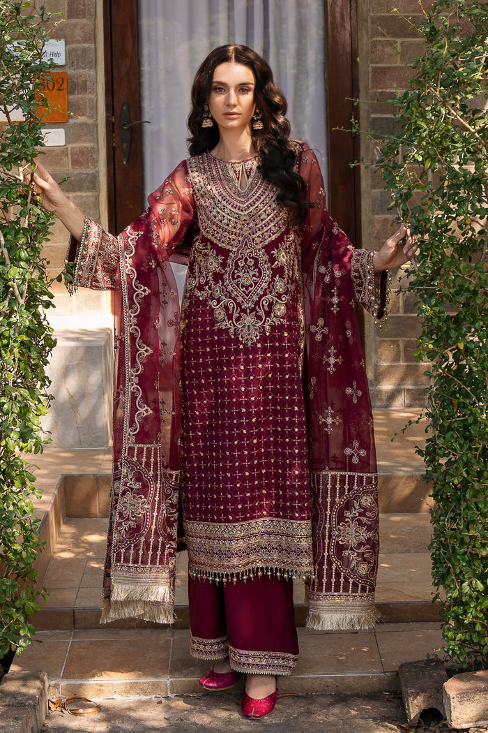 Full-length view of NAQSHI Azra 3-piece ready-to-wear outfit with long organza shirt, PK raw silk culottes, and embroidered dupatta.
