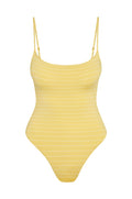 Front view of Bahamas One Piece in Meyer Stripe with rounded neckline, adjustable thin straps and high-cut leg on white
