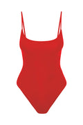 Front view of Bahamas One Piece Long swimsuit in Chili Pepper showcasing rounded neckline, double spaghetti straps and high leg on white background