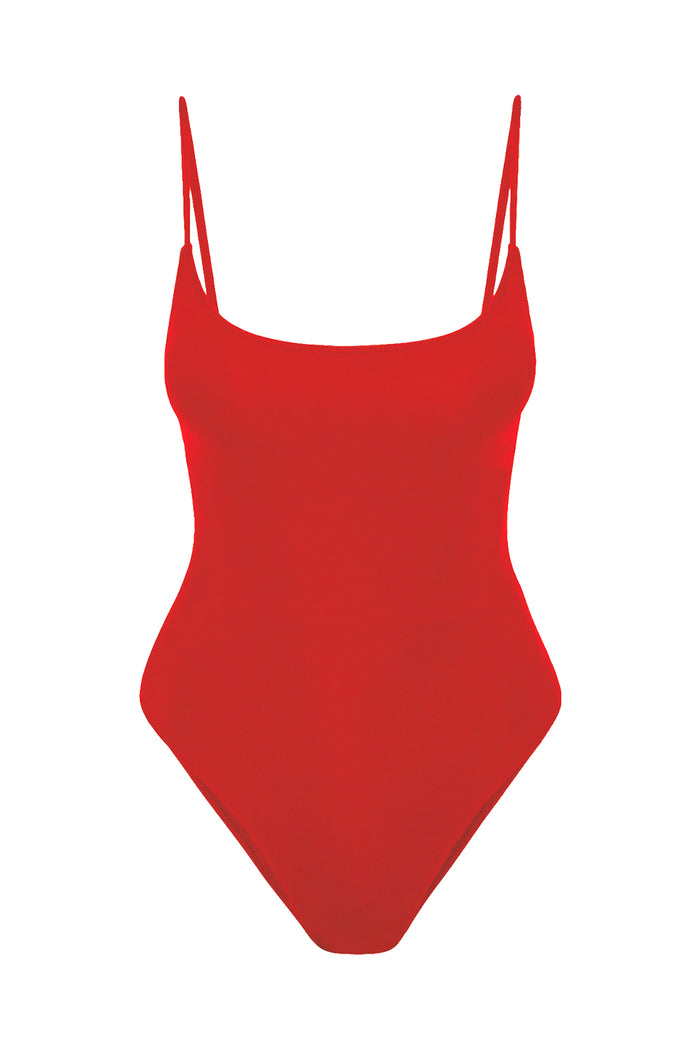 Front view of Bahamas One Piece Long swimsuit in Chili Pepper showcasing rounded neckline, double spaghetti straps and high leg on white background